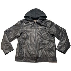Arizona Motorcycle Jacket Black Faux Leather Quilted Lined Hood - Men Large EUC